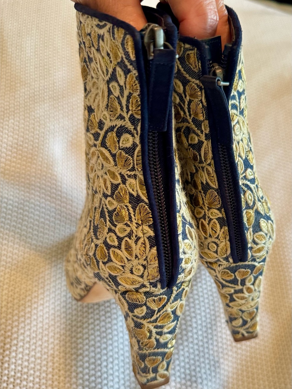 MANOLO BLAHNIK 💥RARE💥 Isola Blue Denim Gold Floral Embroidered Ankle Boots 3.5” - Picture 5 of 11